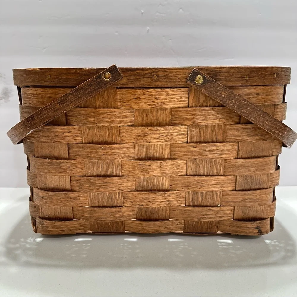 Vintage‎ Dark Brown Woven Basket Wooden Handles Rectangle Skinny Brass Hardware